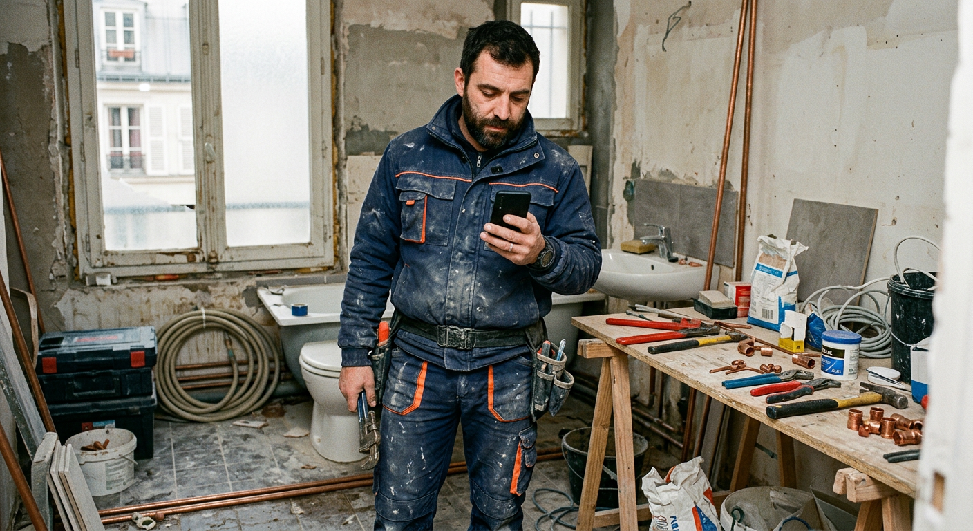 Un plombier en tenue de travail consulte son téléphone sur un chantier